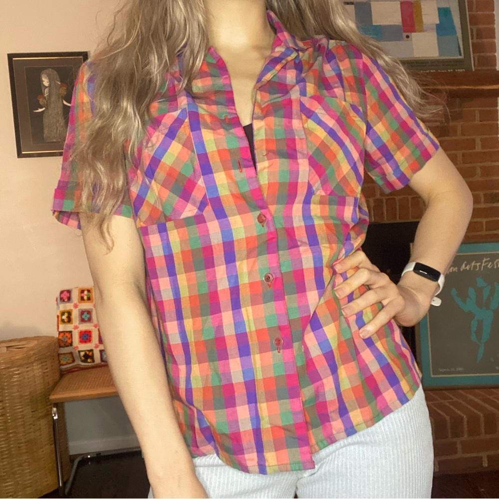 Vintage 80s Ecco Bay Plaid Rainbow Multi Checkered Short Sleeve Button U… - Picture 3 of 14